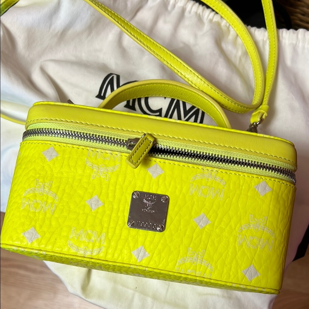 MCM Visetos Vanity Neon Yellow purse bag Cosmetic Case RARE cross body